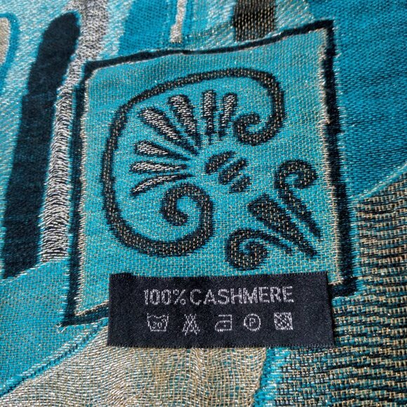 Cashmere Scarf Woven Turquoise Blue Black Metallic Gold Design Fringe Artsy Wrap - Picture 2 of 16